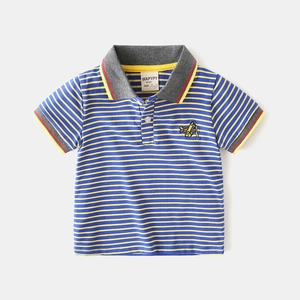 Close-up of blue and yellow striped polo shirt collar with airplane embroidery detail
