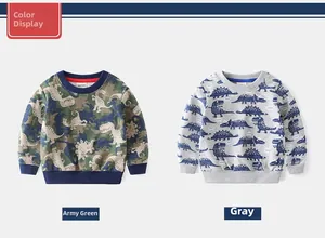 Detail of army green and light grey toddler sweatshirts with all-over dinosaur prints