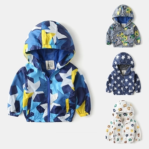 Kids Hooded Windbreaker Jacket Lightweight Breathable Zip Up Outerwear For Boys Girls Cartoon Pattern Windproof Casual Coat