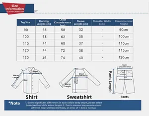 Detailed size chart for kids sweatshirt with measurements for length, chest and height