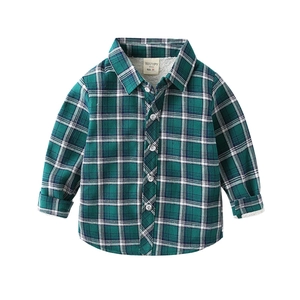 Winter boys plaid flannel shirt with warm fleece lining in green and blue colors