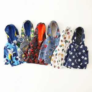 Children's lightweight hooded windbreakers with assorted cartoon prints and full zip