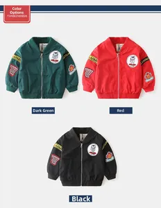 Toddler bomber jackets in dark green, red, and black with army patch and zip closure