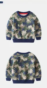 Front and back view of kids sweatshirt with colorful all-over dinosaur camouflage print