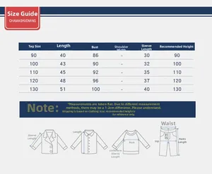 Detailed size chart for boys' baseball jacket including bust and length measurements