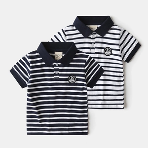 Boys Casual Cotton Blend Striped Polo Shirt Short Sleeve Lapel Top With Sailing Embroidery For Toddler Kids Summer Clothes