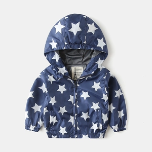 Kids navy hooded windbreaker jacket with white star pattern and mesh lining for spring