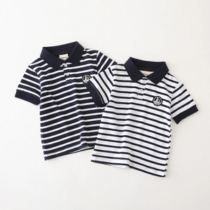 Short sleeve cotton polo shirts for boys with classic stripes and nautical sailboat patches