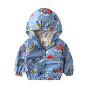 Blue kids hooded windbreaker with cartoon construction vehicle print and mesh lining