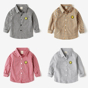 Boys Long Sleeve Plaid Stripe Shirt Cotton Turn Down Collar Top With Smile Face Patch Embroidery Casual Clothes