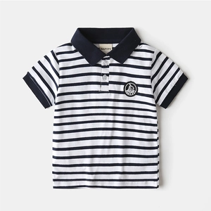 Classic striped short sleeve cotton polo shirt for boys with nautical sailboat patch