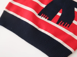 Detail of red and white striped knit sweater featuring blue rib hem and cartoon texture
