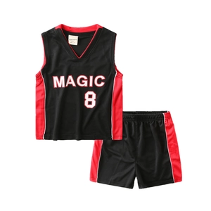Kids black mesh basketball jersey set with MAGIC 8 print and red side panels