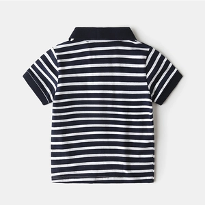 Classic navy blue and white striped kids short sleeve polo shirt back view flat lay