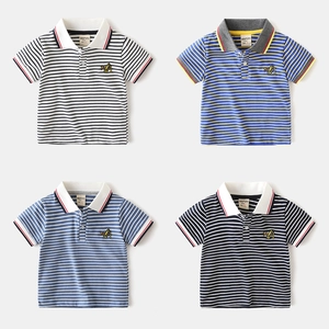 Kids Boys Casual Striped Short Sleeve Polo Shirt Cotton Blend Breathable Summer Top With Cartoon Airplane Embroidery