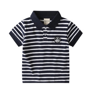 Classic nautical style navy and white striped short sleeve polo shirt for boys with anchor badge
