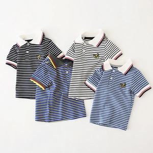Classic striped cotton boys polo shirt featuring small airplane embroidery and turn-down collar