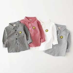 Kids long sleeve button-up shirts with smiley face embroidery in various patterns