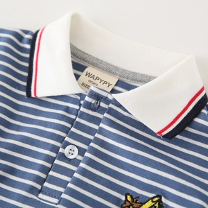 Boys' striped cotton polo shirt featuring a cartoon airplane embroidery and white collar
