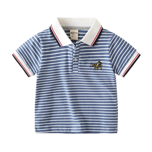 Classic blue and white striped boys' polo shirt with airplane embroidery and white collar