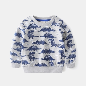 Boys gray long sleeve sweatshirt with blue dinosaur cartoon prints and ribbed trims