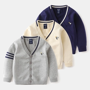 Boys V-neck Knit Cardigan Cotton Blend Soft Casual Sweater Cartoon Penguin Embroidery Striped Trim Autumn Kids Outerwear