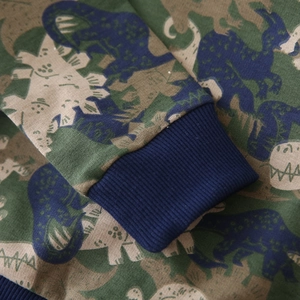 Boys dinosaur print sweatshirt with navy blue ribbed cuffs and soft cotton fabric