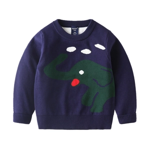Jersey de punto azul marino para niños con gran estampado de elefante verde y puños