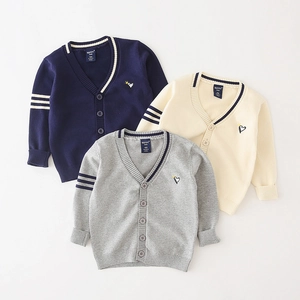 Classic kids knit cardigans with crown embroidery in navy, beige, and grey colors