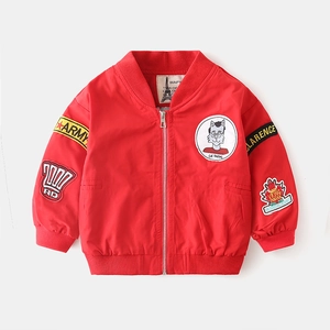 Boys red bomber jacket with custom patches and zipper for stylish autumn outerwear