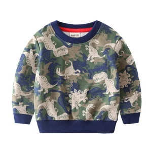 Boys' autumn dinosaur print sweatshirt with green and blue camo pattern and ribbed cuffs