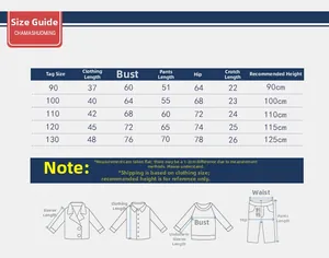 Detailed size chart for children's sweatshirt and pants set showing precise measurements