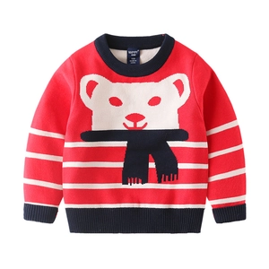 Red and white striped boys knit sweater with cute bear motif and navy rib trim