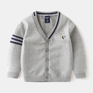 Grey knit cardigan for boys with V-neck, blue stripe details and crown embroidery
