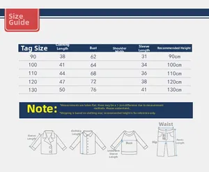 Size chart for boys long sleeve oxford shirt with detailed measurements and guides
