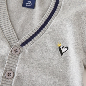 Gray children's knit cardigan with V-neck, blue stripes and cute penguin embroidery