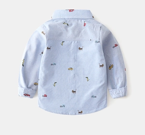 Detailed back view of boy's light blue long sleeve shirt with cartoon animal and car prints