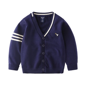 Dark blue V-neck knit cardigan for boys with crown penguin embroidery and white stripes