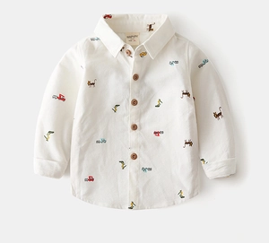 Detail of boys' oxford cotton shirt with colorful mini animal and car embroidery