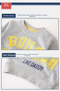Detail of ribbed crew neck and hem on cotton sweatshirt with Like Daddy print