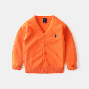 Gilet en tricot orange pour enfants avec col en V, broderie pingouin et boutons