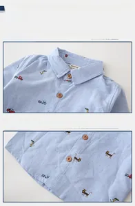 Close-up of boys oxford cotton shirt collar with wood buttons and cartoon animal prints