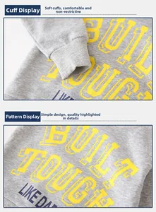 Detailed macro view of boys grey sweatshirt featuring rib-knit cuffs and Built Tough print