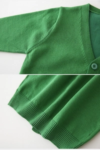 Gros plan du cardigan en maille vert émeraude avec col en V, boutons et bords-côtes