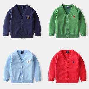 Cardigan en Mélange de Coton pour Enfants Avec Broderie Animale Col en V Pull à Boutonnage Simple pour Garçons Filles