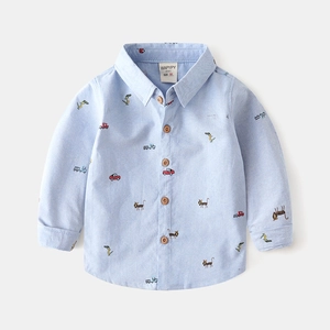 Boys Cartoon Animal Vehicle Print Long Sleeve Cotton Shirt Kids Casual Button Down Turnover Collar Top Spring Autumn Toddlers