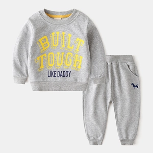 Gray kids sweatshirt and joggers set with 'Built Tough Like Daddy' print in cotton blend