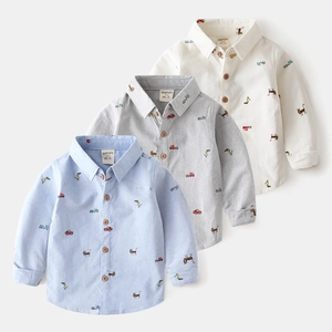 Three-piece boys long sleeve Oxford shirts with cute cartoon car and cat prints