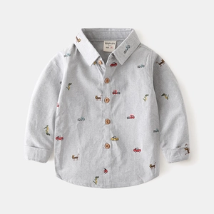 Boys long sleeve gray shirt with cartoon car and animal prints in oxford cotton