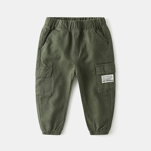 Olive green cargo pants for boys with elastic waist and large side pockets
